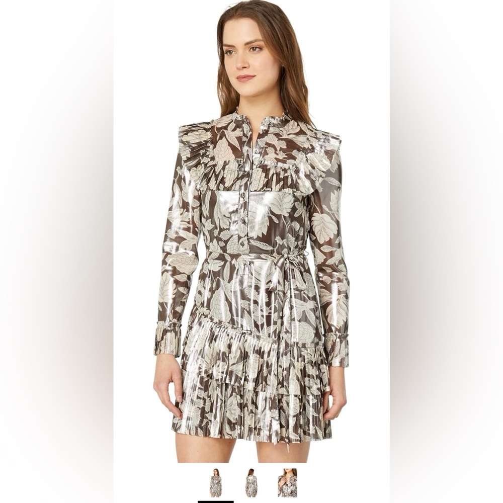 Ted Baker Alyvia Ruffle Detail Mini Shirtdress silver Brown  size 5 (US 12) EUC